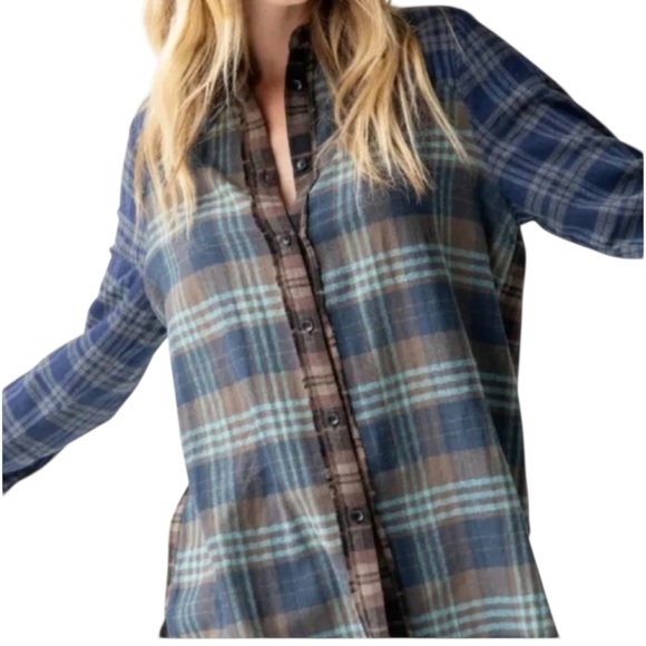 NATURAL LIFE Tops - Natural Life Colorblock Plaid Flannel Button Up Fringed Shirt Medium Cozy Boho